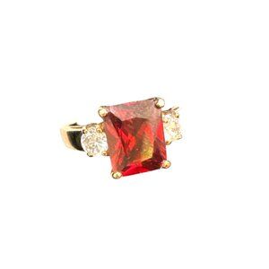 Gold Ring With Rectangular Red Gemstone & Two White Accent Stones so 10